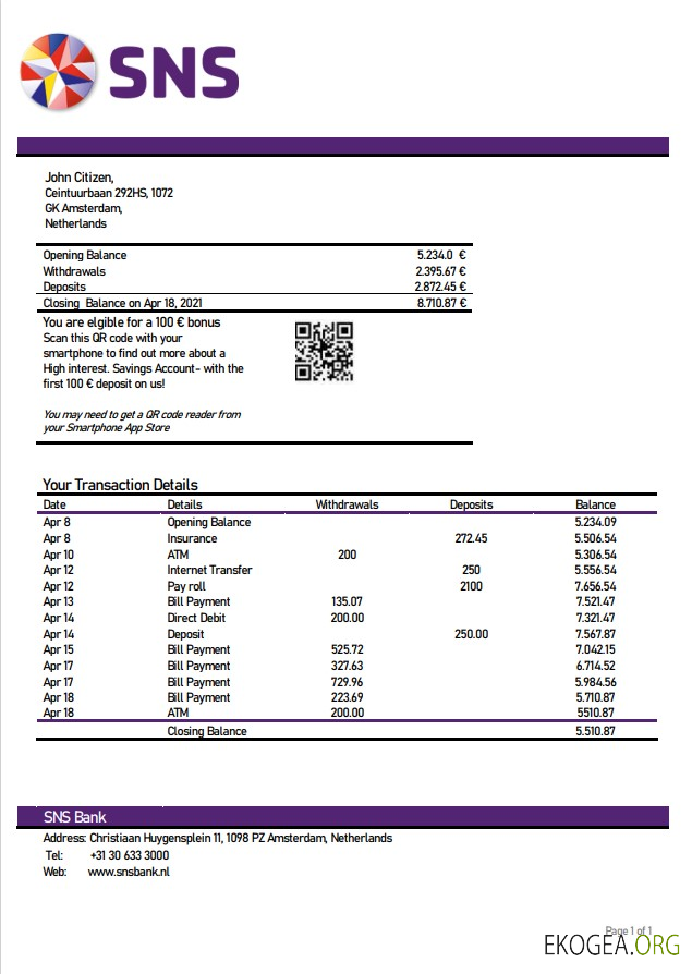 Relevé bancaire SNS des Pays-Bas template Relevé bancaire SNS des Pays-Bas template